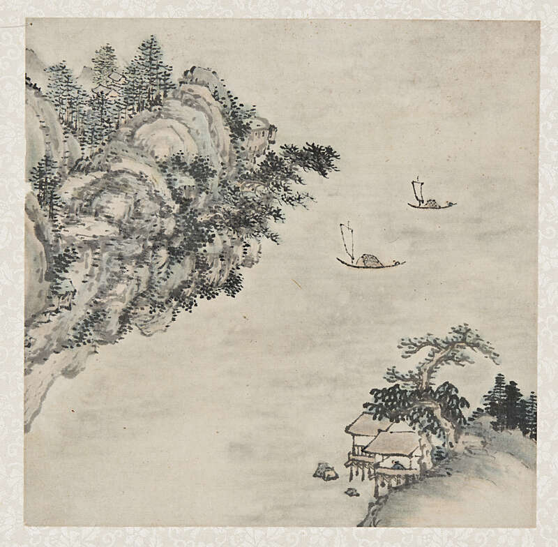Objektabbildung zoomen Tuschemalerei auf Papier. Dargestellt ist eine Seelandschaft mit zwei Segelbooten.