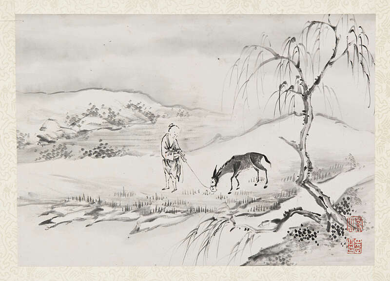 Objektabbildung zoomen Tuschemalerei auf Papier im Querformat. Dargestellt ist eine Landschaft mit einer Person, die einen Esel an der Leine hält.