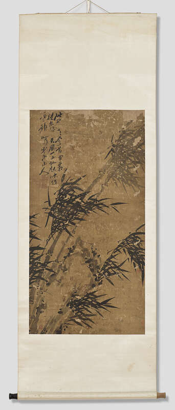 Objektabbildung zoomen Tuschemalerei auf Seide im Hochformat. Dargestellt ist Bambus im Wind.