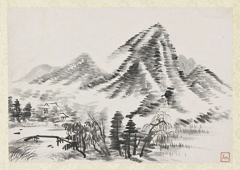Objektabbildung zoomen Tuschemalerei auf Papier. Dargestellt ist eine Berglandschaft.