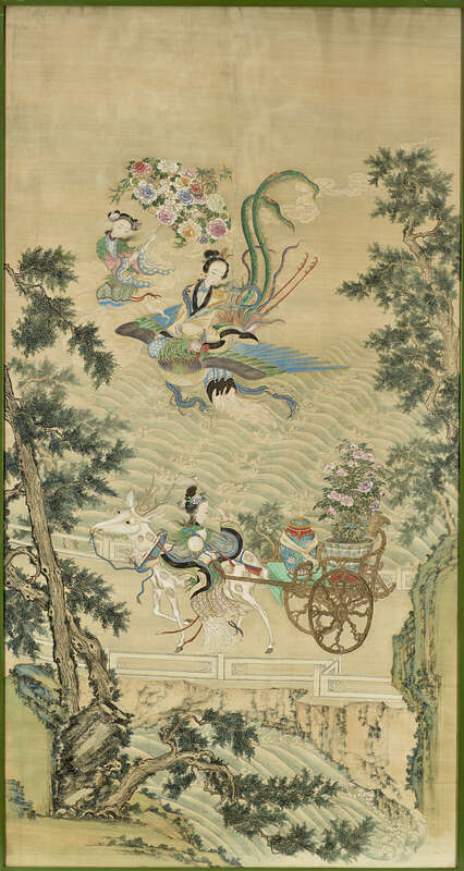 Objektabbildung zoomen Tuschemalerei auf Seide im Hochformat. Dargestellt sind zwei daoistische Göttinnen in einer Landschaft.