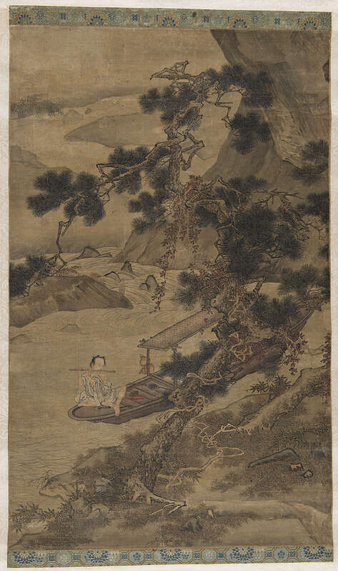Objektabbildung zoomen Tuschemalerei auf Papier im Hochformat. Dargestellt ist eine Flusslandschaft mit einer Person, die Flöte spielt.