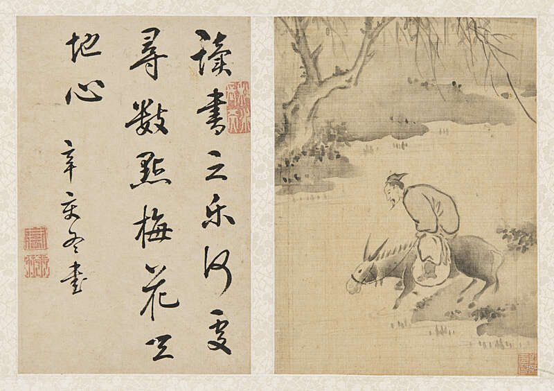 Objektabbildung zoomen Zwei Blätter Tusche auf Papier. Das linke Blatt enthält eine Kalligraphie, das rechte eine Malerei mit einer Person auf einem Esel an einem Fluss.