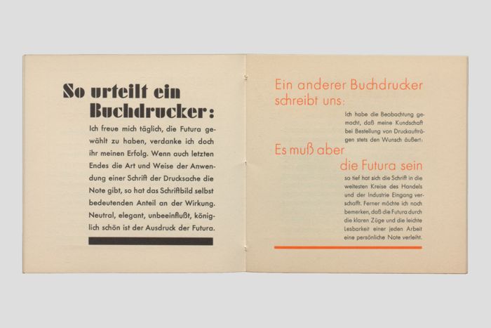 Objektabbildung zoomen Eine Doppelseite mit Aussagen von Buchdruckern unter anderem über die Beliebtheit der Schrift bei ihren Kunden