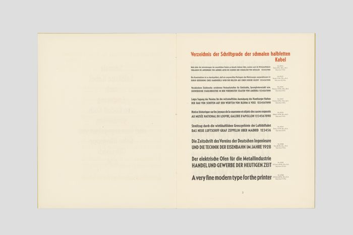 Objektabbildung zoomen Doppelseite der Broschüre mit Verzeichnis der Schriftgrade der schmalen halbfetten Kabel