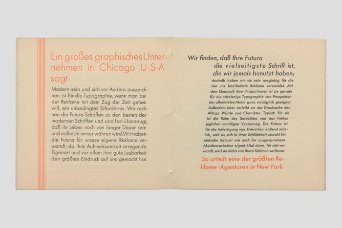 Objektabbildung zoomen Eine Doppelseite mit Stellungnahme eines graphischen Unternehmens aus den USA über die Eignung der Futura in der Reklame 