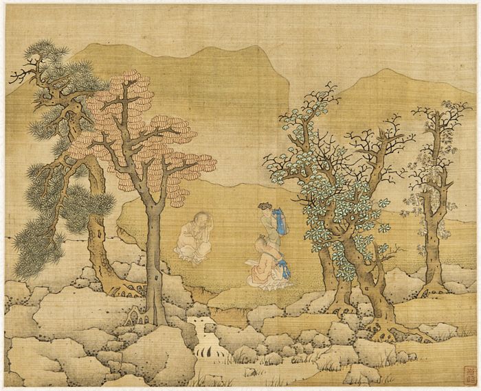 Objektabbildung zoomen Tuschemalerei auf Seide im Querformat. Dargestellt sind drei Figuren in einer Landschaft.