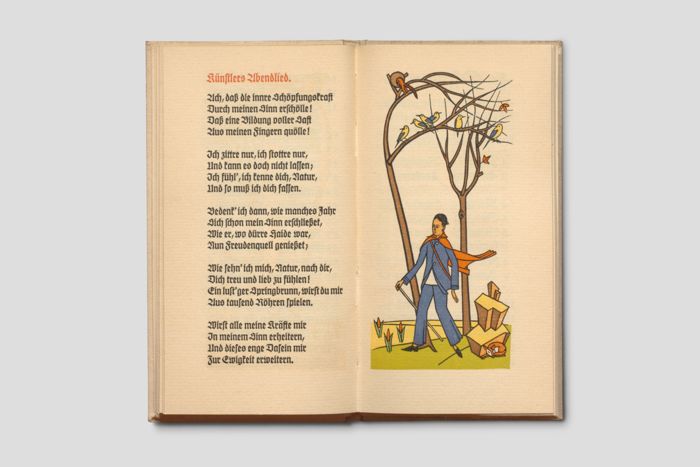 Zoom image for the object Doppelseite mit Textblock links und farbiger Illustration rechts