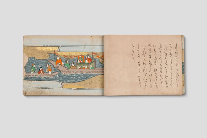 Zoom image for the object Aufgeschlagenes nara-ehon; links eine ganzseitige farbige und teils vergoldete Illustration mit zwei Schiffen im Wasser, links eine Textseite