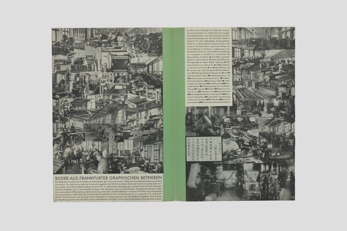 Zoom image for the object Das Prospekt aufgeschlagen. Die Doppelseite wird fast vollständig von einer Collage bestehend aus Fotografien von Frankfurter Druckereibetrieben gefüllt.