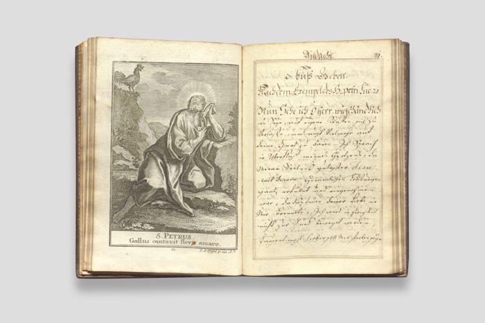 Objektabbildung zoomen Doppelseite des Gebetbuchs mit Petrus-Darstellung