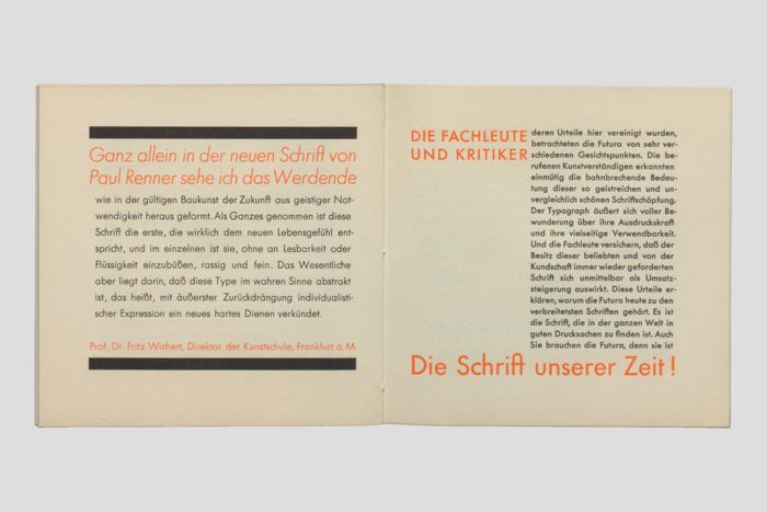 Objektabbildung zoomen Eine weitere Doppelseite mit positiver Stellungnahme von Professor Doktor Fritz Wichert, Direktor der Kunstschule Frankfurt am Main. Abschließend eine Zusammenfassung aller Stellungnahmen und der Werbeaufruf: Auch Sie brauchen die Futura, denn sie ist die Schrift unserer Zeit!