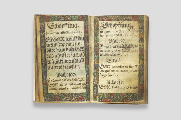 Objektabbildung zoomen Weitere Doppelseite mit Text zur Schöpfung