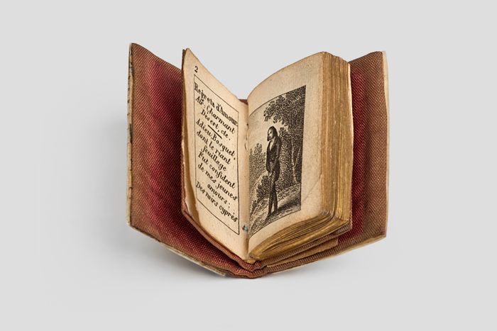 Objektabbildung zoomen Aufgeschlagenes Buch. Auf der linken Seite befindet sich Text, auf der rechten Seite ein Bild mit einer Figurendarstellung.