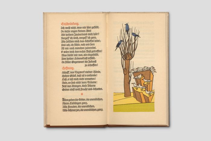 Zoom image for the object Doppelseite mit Textblock links und farbiger Illustration rechts