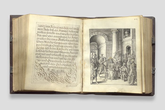 Objektabbildung zoomen Doppelseite 77 des Gebetbuchs mit Darstellung der Geißelung Christi auf der rechten Seite
