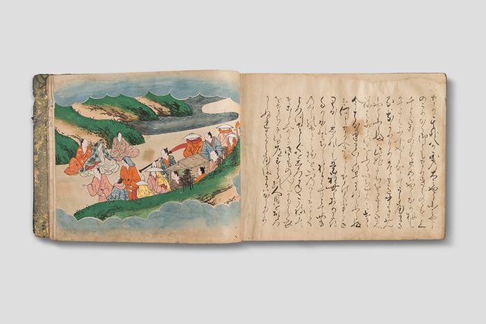 Objektabbildung zoomen Das geöffnete Nara-ehon mit Malerei auf der linken und handschriftlichem Text auf der rechten Seite