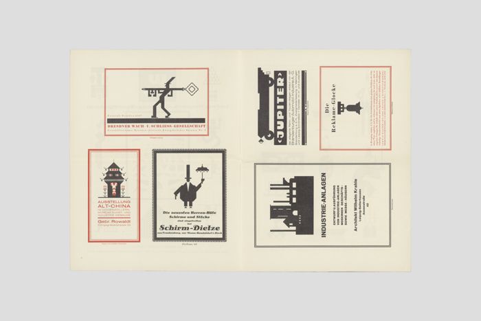 Objektabbildung zoomen Doppelseite mit Anzeigen, die figürliche Darstellungen beinhalten