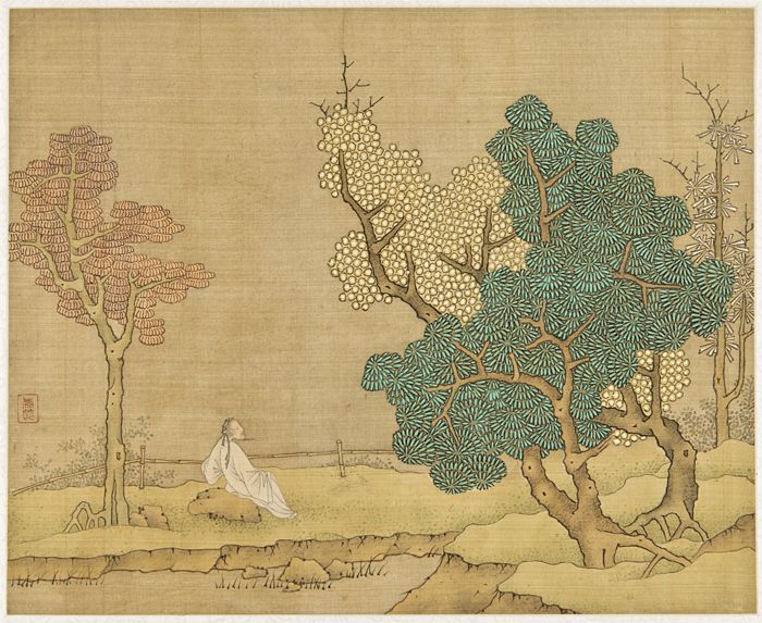 Objektabbildung zoomen Tuschemalerei auf Seide im Querformat. Dargestellt ist eine Person in einer Landschaft, die einen Baum betrachtet.