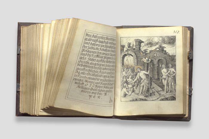 Objektabbildung zoomen Doppelseite 153 des Gebetbuchs mit biblischer Szene auf der rechten Seite